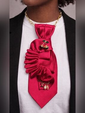 Statement Satin Cherry Pin Tie Necklace in Fuchsia With Subtle Gold Shimmer.